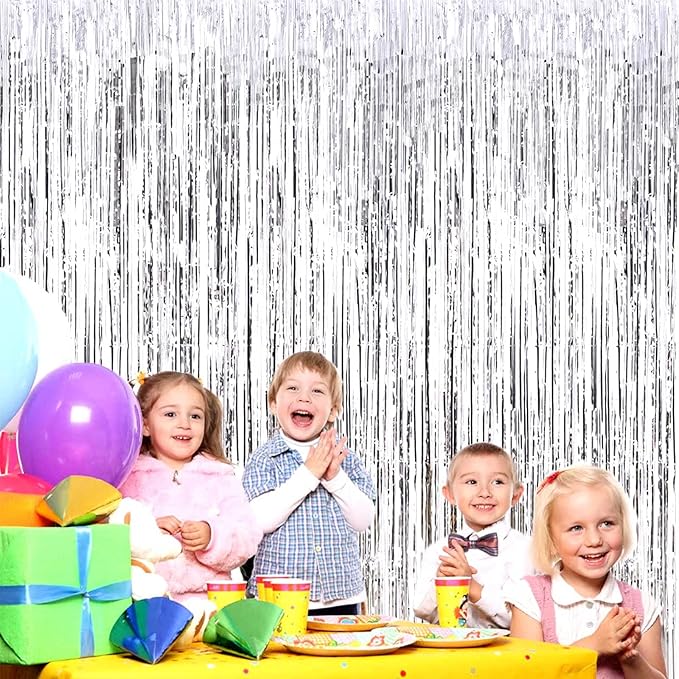 4 Pack Silver Foil Fringe Curtain Backdrop, 3.28Ft x 8.2Ft Metallic Tinsel Foil Fringe Streamer Curtains for Photo Booth Props, Birthday, Wedding, New Year’s, Christmas Decoration Party Supplies