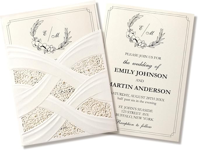 50pcs Laser Cut Wedding Invitations with Envelopes Ivory White, 5x7.3 Personalized Invitation Cards for Wedding