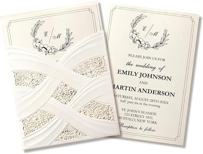 50pcs Laser Cut Wedding Invitations with Envelopes Ivory White, 5x7.3 Personalized Invitation Cards for Wedding