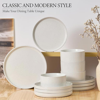 E-far Stoneware Dinnerware Sets, 18-Pieces Modern Plates and Bowls Sets, Kitchen Dinning Porcelain Dishes Set for 6, Chip & Scratch Resistant, Dishwasher & Microwave Safe, Speckled White