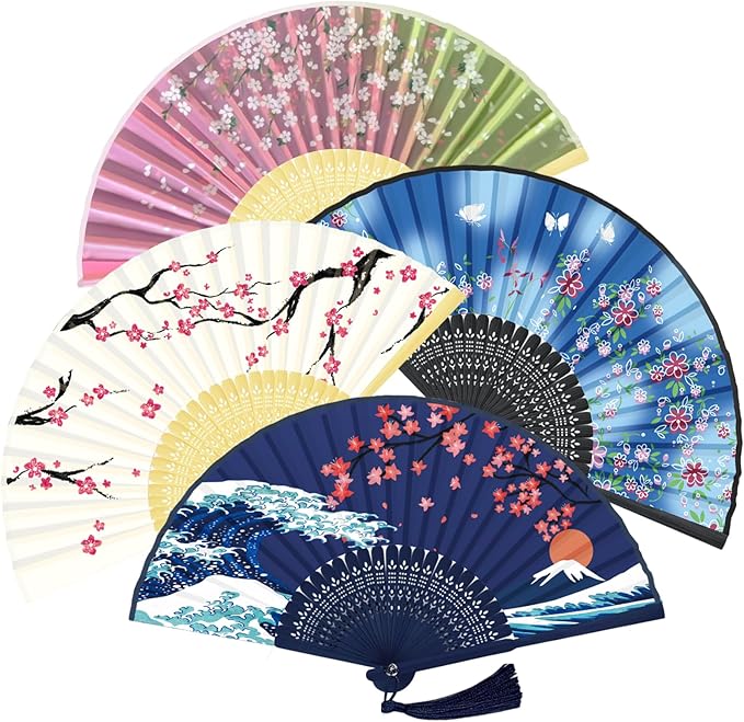 WEARXI Handheld Fan, 4 PCS Hand Fan, Chinese Folding Fan for Women Foldable, Silk Bamboo Hand Held Fan, Paper Hand Fan