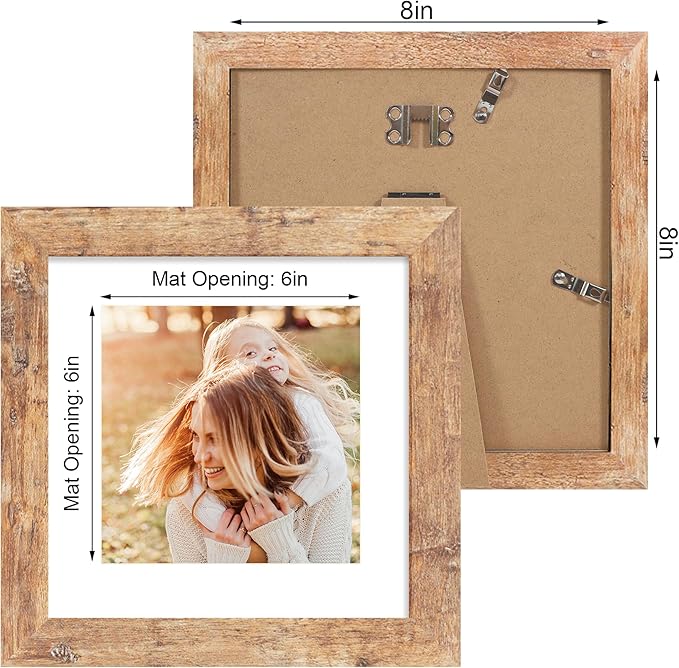 8x8 Picture Frame Set of 4 with HD Glass, Display 6x6 Pictures with Mat or 8 x 8 Without Mat, Square Wood Photo Frame for Wall Mount and Tabletop Display