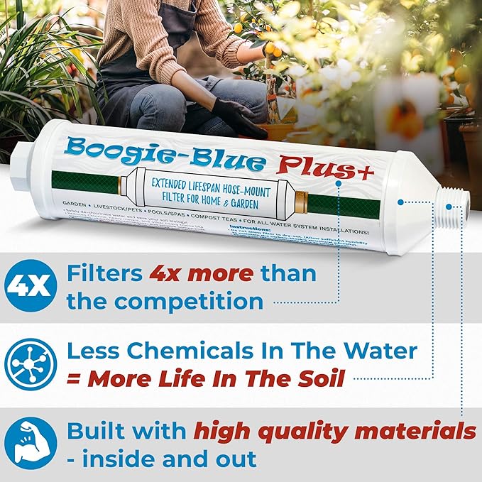 Boogie Blue Plus Garden Hose Water Filter for RV and Outdoor use - Removes Chlorine, Chloramines, VOCs, Pesticides/Herbicides Boogie Blue Plus High Capacity Filter - The Organic Gardener's Choice