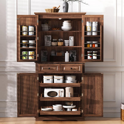 Merax 71" Tall Kitchen Pantry, Farmhouse Storage Cabinet with 6 Door Shelves, 2 Drawers and 3 Adjustable Shelves, Freestanding Rustic Wood Cupboard for Kitchen, Dining Room, Brown