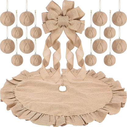 Syhood Christmas Tree Burlap Decorations 12 x 33 Inch Christmas Tree Topper Decorative Big Hanging Bow, 16 Pcs Burlap Xmas Ball Ornaments and 40 Inch Double Layer Skirt(Linen)