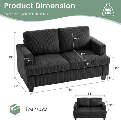 2 Pieces Corduroy Couch Set for Living Room, Black Cloud Sofa, Deep Seat Floor Couch for Bedroom, Futon Modern Sofa Sectional Bed, Black Corduroy