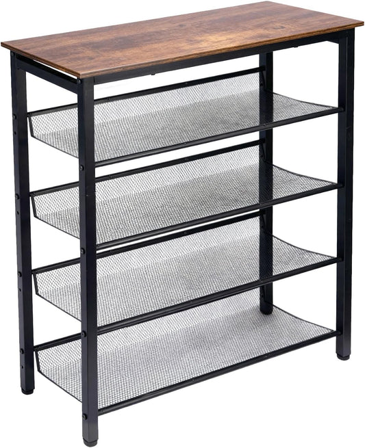5-Tier Shoe Rack, Tall Industrial Shoe Organizer with Metal Mesh Shelves, Free-Standing Storage Rack for Entryway, Closet, or Bedroom, Rustic Brown and Black