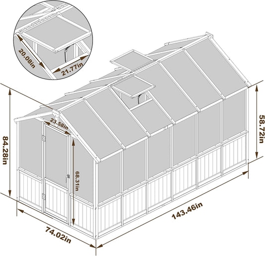6x12 FT Greenhouse Kit for Outdoor, Thickened Polycarbonate Panel Wooden Walk-in Green House with Lockable Door and Adjustable Roof Vent, Backyard Garden, Black