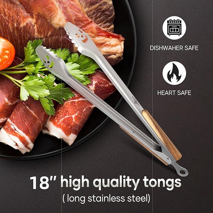 18-Inch Long Stainless Steel BBQ Tongs with Extended Luxurious Acacia Handle – Durable and Easy-to-Clean Grilling Tool for Cooking, Kitchen Use, and Outdoor Barbecues