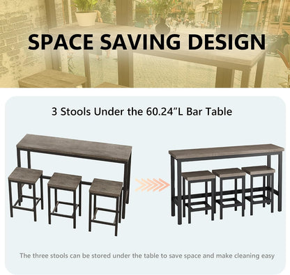 Merax Modern Design 4-Piece Counter Height Extra Long Dining Table Set with 3 Stools and Side Table with Footrest,Space-Saving Pub Kitchen Set,Easy Assembly,Brown Gray