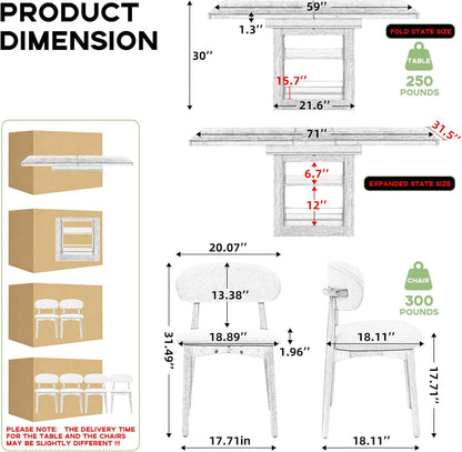 Extendable Dining Table Set for 6, Modern 7-Piece Kitchen Table and Chairs with Storage Shelves, 59" to 71" Adjustable, Space-Saving Rectangular Dining table Set, for Kitchen, Living Room & Office