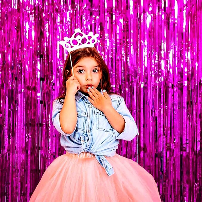 4 Pack Fuchsia Foil Fringe Curtain Backdrop,3.28Ft x 8.2Ft Metallic Tinsel Foil Fringe Streamer Curtains for Party,Photo Booth Props,Birthday,Graduation Decoration Party Supplies