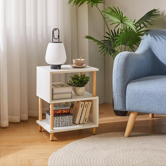 Aibiju White Night Stand with Open Storage Shelf, Wood Nightstand S Shape, Bed Side Table 3 Tier 20 inch high, End Table White/Natural Wood YD-TM152W