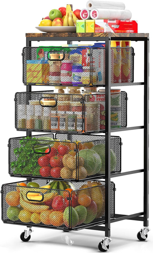 SUNALLY Rolling Kitchen Cart with Drawers, 4-Tier Utility Cart Fruit Vegetable Storage Cart with Lockable Wheels, Wooden Top Metal Kitchen Storage Organizer for Cans, Snacks, Beauty, Craft, Art, Black