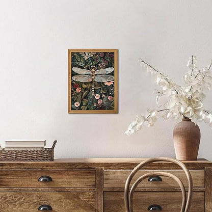 Framed Vintage 3D Textured Wall Art - Dark Green Dragonfly Flowers Wall Decor - Hand Drawn Sandstone Nature Botanical Pictures for Living Room Bedroom Home Decor 8x10in
