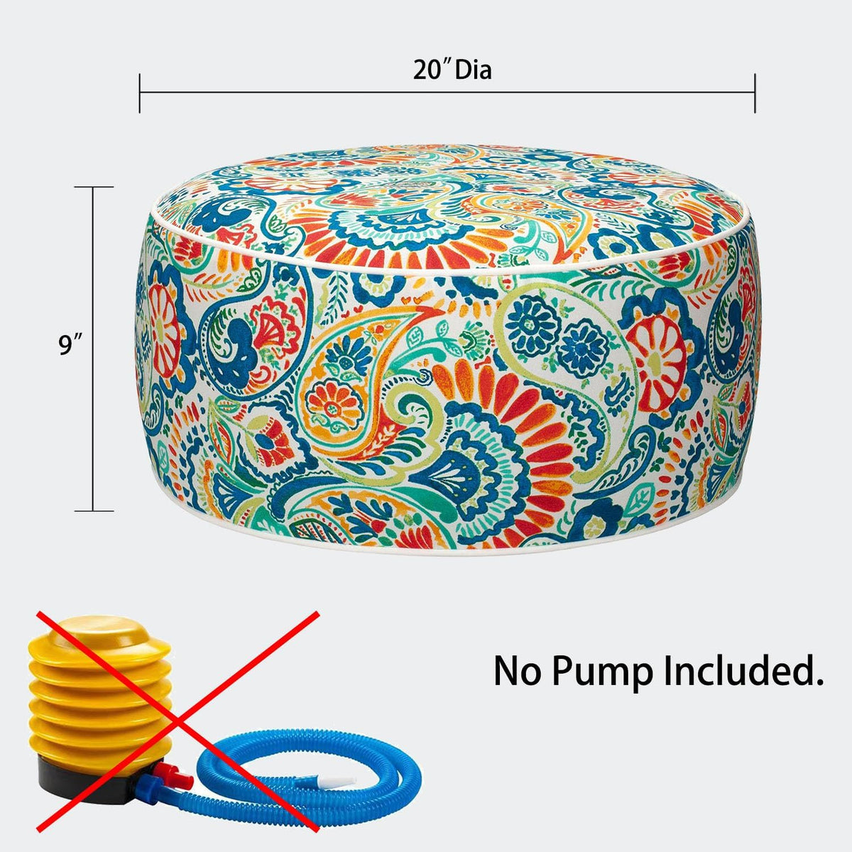 Magpie Fabrics Inflatable Stool Ottoman Pouf D20 xH9, Outdoor Round Footrest Footstool, Portable for Patio Garden Travel Camping - Paisley Multi