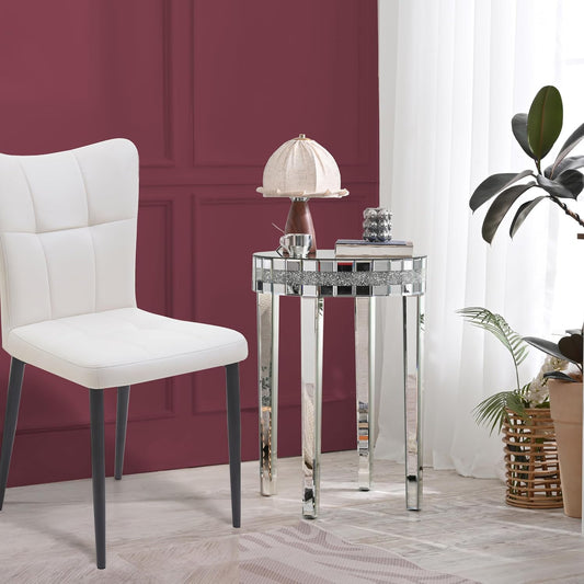 19.7" Mirror Side Table Round End Table with Crushed Diamond and Glass Top, Silver Coffee Table for Living Room, Bedroom, Sofa, Corner