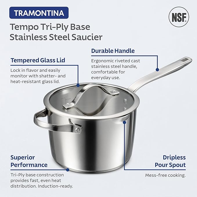 Tramontina Tempo Tri-Ply Base Stainless Steel 4-Quart Sauce Pan with Glass Lid, Induction-Ready Saucepan, Oven-Safe, Dishwasher-Safe