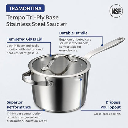 Tramontina Tempo Tri-Ply Base Stainless Steel 4-Quart Sauce Pan with Glass Lid, Induction-Ready Saucepan, Oven-Safe, Dishwasher-Safe
