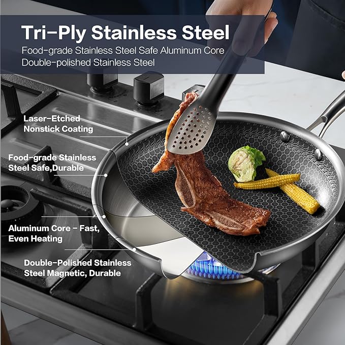 Non Stick Frying Pan Set, 8, 10 and 12-Inch Hybrid Non Toxic Fry Skillet with Lids, Dishwasher and Oven Safe, Induction Ready, Silver Kitchen Cookware set (7-Piece Pan Set)
