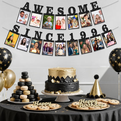 Pre-strung Awesome Since 1996 Photo Banner Birthday Decorations for Her Him- Black Glitter 30th Birthday and Anniversary Decorations Party Supplies for Women Men