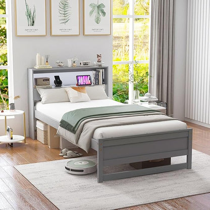 KOMFOTT Twin Size Wood Platform Bed Frame with Charging Station & LED Light, Platform Bed with Storage Headboard & 12” Under-Bed Space, No Box Spring Needed Bed Base, Wood Mattress Foundation (Grey)
