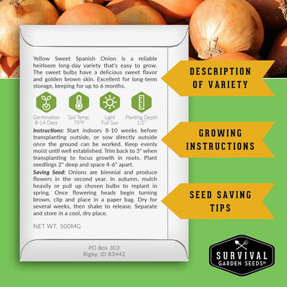 Yellow Sweet Spanish Onion Seed for Planting - 1 Packet with Instructions to Plant and Grow Long Day Onions in Your Home Vegetable Garden - Non-GMO Heirloom Variety - Survival Garden Seeds
