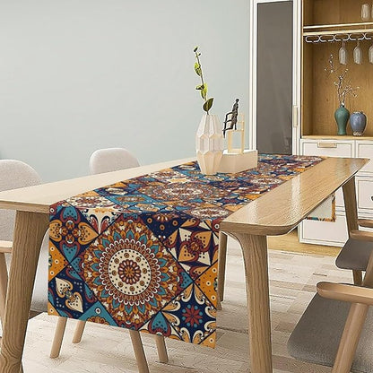 Vintage Mandala Table Runner, Bohemian Brown Blue Tile Traditional Indian Flowers Table Runner for Kitchen Dining Table Office Wedding Party Holiday Home Decor, 13x36inch