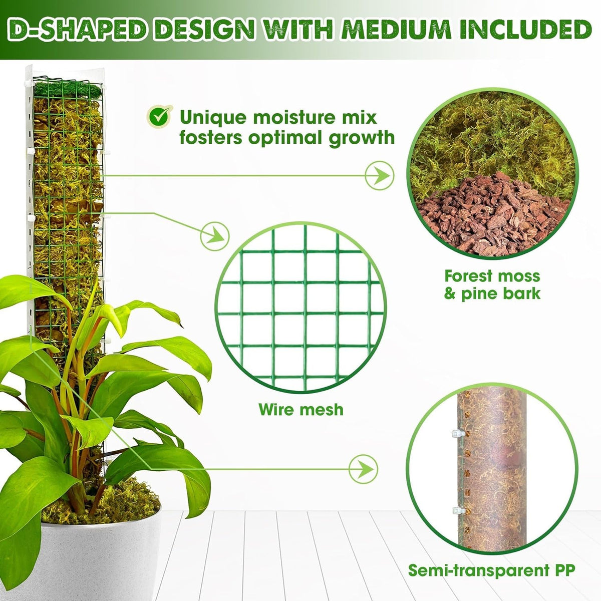DUSPRO D-Shaped Plastic Moss Poles for Climbing Plants Monstera Stackable Moss Pole for Plants Moss Plant Pole Handmade Moss Stick for Indoor Plants Grow Upward 2 Pack 16.5 inches