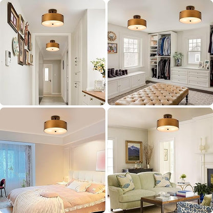 Gold Semi Flush Mount Ceiling Light, Modern Drum Chandelier with Brass Gold Metal Shade, Vintage Close to Ceiling Light for Kitchen Entryway Bedroom Laundry Room, 3-Light, 12 Inch