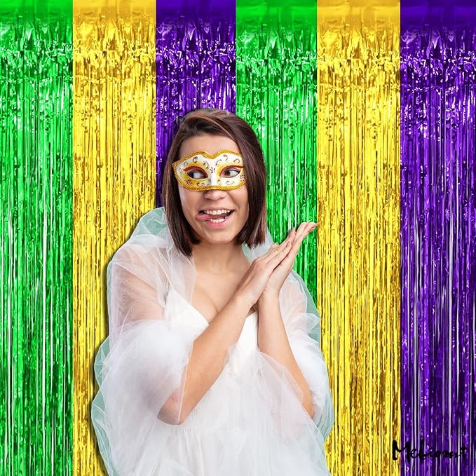 4 Pack 3.2Ft x 6.6Ft Mardi Gras Fringe Curtain Backdrop, Gold Green Purple Metallic Tinsel Foil Fringe Streamers Curtains Background for Photo Booth Birthday Wedding Carnival Party Decorations