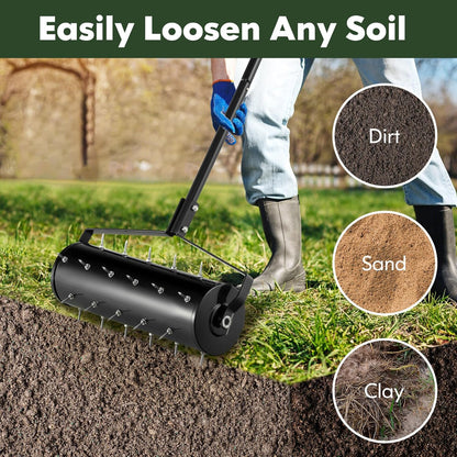 S AFSTAR 21" Manual Lawn Aerator, Heavy Duty Rolling Aerator Lawn Tool Filled Sand Stone with 51" Detachable Handle & Tine Spikes for Soil Loosening, Push Grass Aeration for Garden Yard, Black