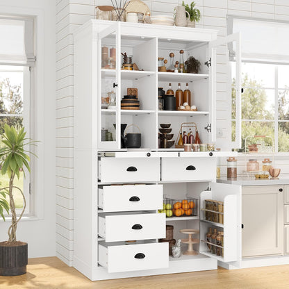 Polibi Large 72" H x 40" W Kitchen Pantry Cabinet Freestanding Storage with Glass Doors, Adjustable Shelves & Drawers, Serving Trays for Coffee Bar or Dining Room, White