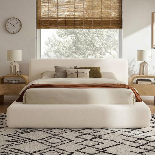 XIAO WEI King Cloud Bed Frame, Upholstered Platform Bed Frame with Headboard, 5.9" Thick Fully Padded Frame, White Ribbed Chenille Fabric, Noise-Free, No Box Spring Required, Easy Assembly