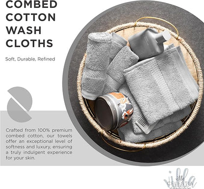 100% Cotton Wash Cloth for face & Body Set of 6, (12 x 12 inches) Sustainable, Soft, Highly Absorbent, Combed Cotton Wash Cloths Pack of 6 for Hotels, Spa, Bathroom, Dorm, Silver