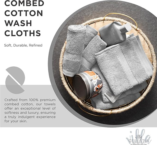 100% Cotton Wash Cloth for face & Body Set of 6, (12 x 12 inches) Sustainable, Soft, Highly Absorbent, Combed Cotton Wash Cloths Pack of 6 for Hotels, Spa, Bathroom, Dorm, Silver