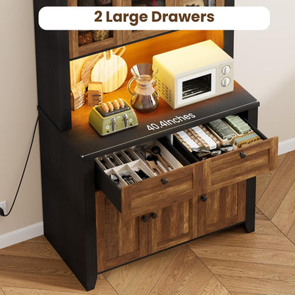 Garvee 66" Tall Pantry Cabinet with LED Lights & Charging Station, Kitchen Pantry Storage Cabinet Kitchen Hutch Coffee Bar with Adjustable Shelves for Dining Room, Living Room