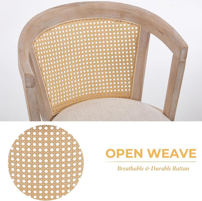 Kmax Rattan Dining Chair Set of 4 Farmhouse Semi Barrel Dining Room Chair Wooden Upholstered Chair for Kitchen Living Room, Oak