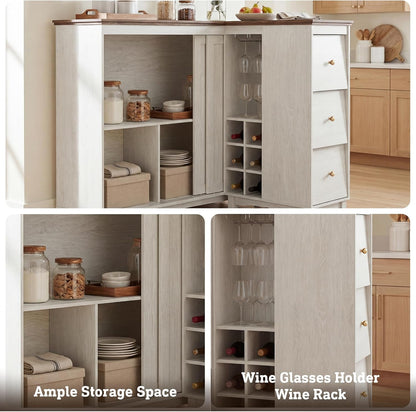 Corner Cabinet with Charging Station,L-Shaped Kitchen Pantry Storage Cabinet with 3 Drawers,Freestanding Kitchen Pantry Cabinets with Wine Rack,Glass Rack,Sliding Door for Dining Room (White)