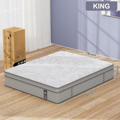 King Mattress 14 Inch, Memory Foam Mattress with Pocket Spring, Soft & Comfortable Medium Firm, Motion Isolation, Pressure Relief, CertiPUR-US Certified (80"*76"*14")