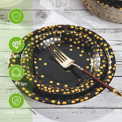 Lullaby 200PCS Black Paper Plates, Black and Gold Paper Plate, 100pcs Dinner Plates 9"，100pcs Dessert Plates 7", Disposable Graduation Plates with Golden Dot for Birthday party, Halloween