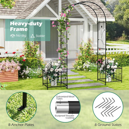 Giantex Garden Arch Trellis with Planters, 86'' Metal Arbor Pergola for Climbing Plants Rose, Heavy-Duty Outdoor Archway for Wedding Party Ceremony Pathway Garden Yard Lawn Decoration