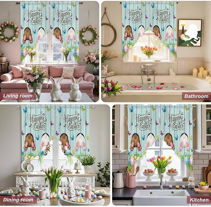 Swag Curtain Valances for Kitchen Windows,Happy Easter Bunny Butt Egg Floral Short Rod Pocket Window Valance,Spring Plant on Aqua Wood Swag Topper for Bedroom Living Room,2 Panels 28x36in