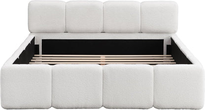 Christopher Knight Home Hazel Queen Size Platform Bed, Boucle Thick Headboard and Footboard, Upholstery Grounded Beds, Block Style, Wood Slat Panel Support, No Spring Box Needed, Easy Assembly, White