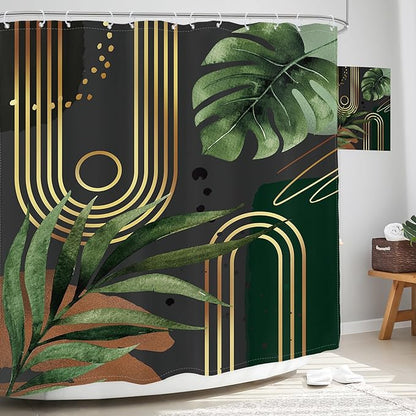 Glawry Dark Green Gold Boho Mid Century Shower Curtain Extra Long Abstract Minimalist Geometric Tropical Modern Leaf Bathroom Simple 72Wx78L Inches Bath Accessories Art Home Decor Fabric 12 Pack Hook