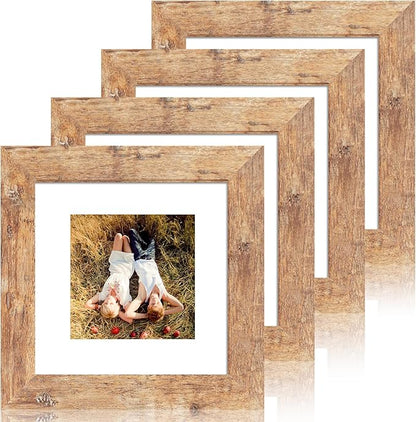6x6 Picture Frame Set of 4 with Real Glass, Rustic Brown Frames Display 4x4 Picture with Mat or 6 x 6 Without Mat, Square Wood Photo Frame for Wall Mount and Tabletop Display