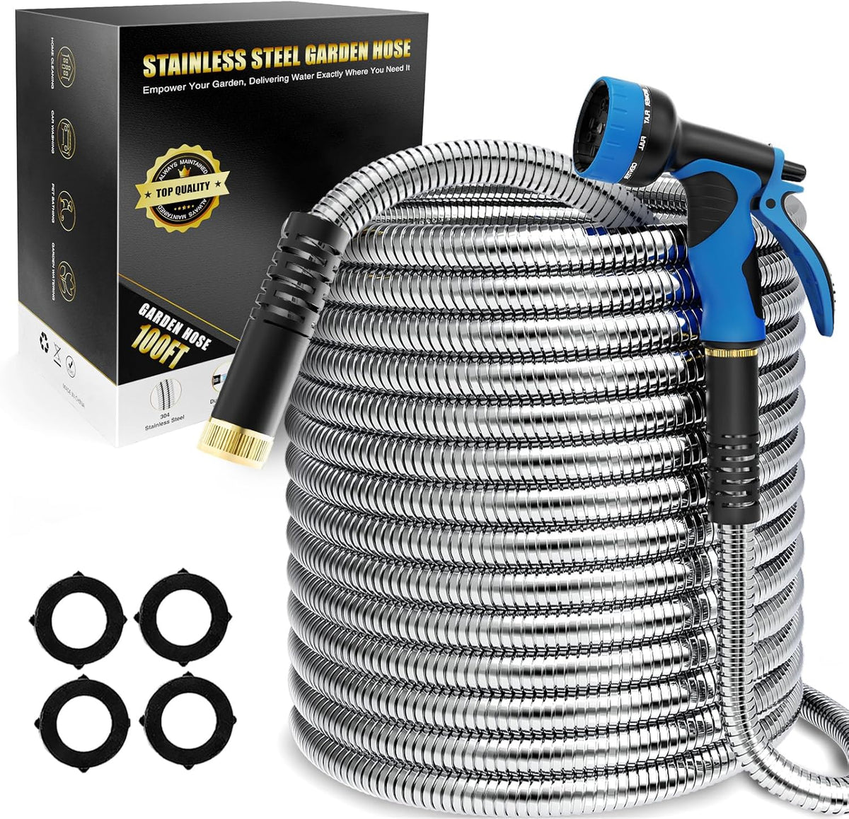 Lefree Garden Hose 100ft, Metal Garden Hose, Flexible Water Hose with 10-Function Nozzle, Stainless Steel Heavy Duty Hose, Crush Resistant, Leak Proof, No Kinks Garden Hoses for Yard, Outdoors, Rv