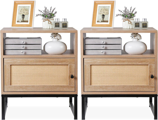 Nightstands End Table, PE Rattan Decor Drawer Opening Shelf, Set of 2 Bed Side Tables with Solid Steel Feet,for Bedroom Living Room Hallway, Natural