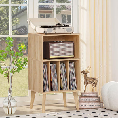 Lerliuo Record Player Stand, Turntable Stand Holds up to 160 Albums | Mid-Century Vinyl Storage Cabinet Table,Solid Wood Legs, Record Player Holder Dispaly Shelf for Living Room,Burlywood