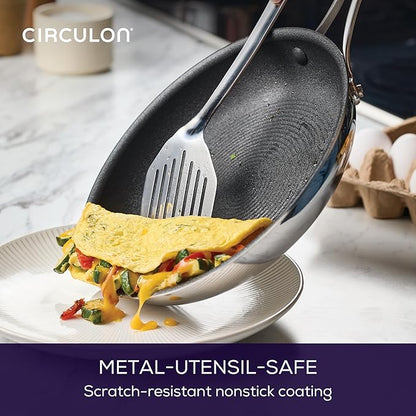 Circulon C1 Series Clad Stainless Steel with ScratchDefense Technology Cookware Nonstick Induction Frying Pans/Skillets, Metal Utensil Safe, 8.5 Inch and 10 Inch, Polished Stainless Steel